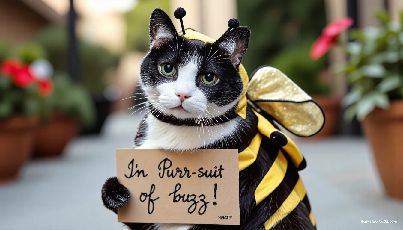 The image is a high-resolution photograph of Berkeley Cat, a black and white cat, wearing a bumble bee costume, holding a sign with HWRIT handwriting saying "In the Purrr-suit of buzz!", ultrarealistic, hd, masterpiece <lora:Hyper-FLUX.1-dev-8steps-lora:0.15> <lora:ChristmasCouture:1> <lora:Berkeley_FLUX_3:1.5> <lora:flux-handwriting:1>