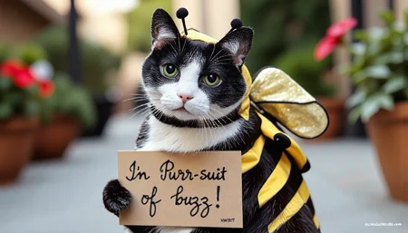 The image is a high-resolution photograph of Berkeley Cat, a black and white cat, wearing a bumble bee costume, holding a sign with HWRIT handwriting saying "In the Purrr-suit of buzz!", ultrarealistic, hd, masterpiece <lora:Hyper-FLUX.1-dev-8steps-lora:0.15> <lora:ChristmasCouture:1> <lora:Berkeley_FLUX_3:1.5> <lora:flux-handwriting:1>