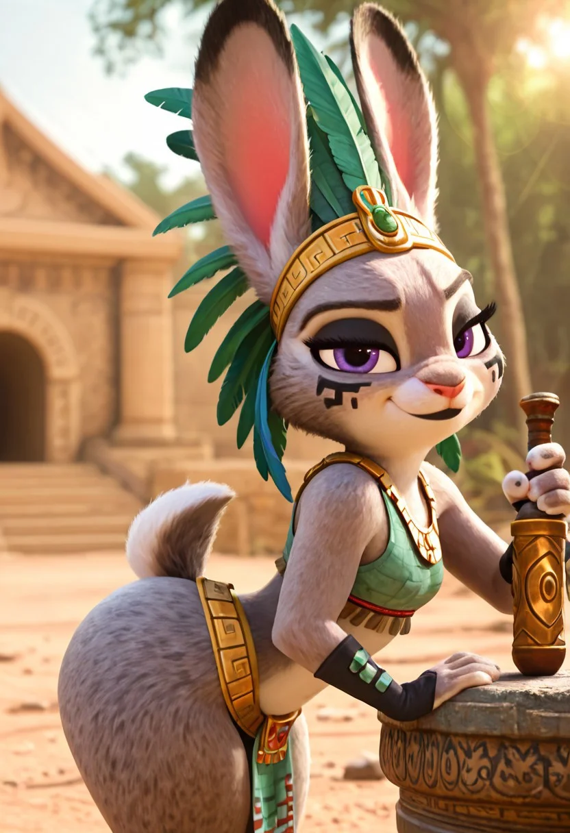 masterpiece, best quality, absurdres, highres, high quality, highly detailed, amazing quality, detailed background, 3d, photorealistic, (bokeh:1.3), official art, Hoovesart, 3d, gloss_(hotglossed),
solo, (shortstack:1.5), JudyHopps ((ultra-detailed body, ultra-detailed fur:1.5)), solo, furry female, rabbit girl, rabbit ears, , ,solo,furry female,rabbit girl,rabbit ears,purple eyes,animal nose,body fur,two-tone fur,grey fur,white fur,rabbit tail, small breasts, wide hips, black eyeshadow, black lipstick, two-tone fur, grey fur, white fur, rabbit tail, close-up, cowboy shot, lidded eyes, sultry
headdress, facepaint, long eyelashes, bodypaint, feathers, aztec clothes, large golden jewelry, , , , side view, standing, bent over, weapon in hand, leaning against weapon, weapon pointed down, , smirk, looking at viewer, , , , outdoors, Mesoamerican jungle, temple, hot and humid climate, aztec, macuahuitl, well-lit, fill light, (close-up:1.5), closeup,