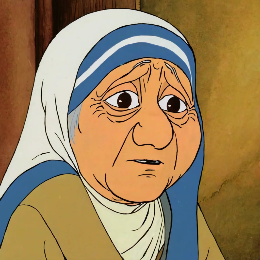 cartoon of Mother Teresa feeling Embarrassed ( in rankinbasshobbit style:1.2)
<lora:add-detail-xl:0.5> <lora:rankinbasshobbit_styleXL_v.10.2-000004:0.75>