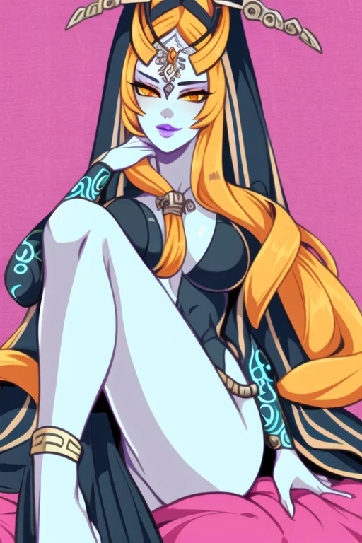masterpiece, best quality, portrait of midna, full body, pelvic curtain, legs, slim, 1girl, breasts, colored sclera, blue skin, forehead jewel, front ponytail, grey skin, large breasts, lips, long hair, looking at viewer, midna, orange hair, solo, yellow sclera, intricate hair, official art