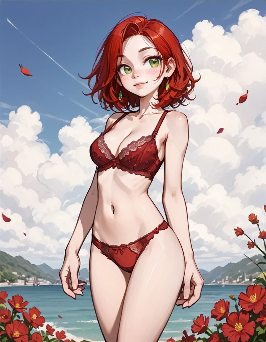 <lora:PonyXL_-_Shon_Howell_Style - Epoch 8:0.75> 1girl, female focus, pinup, solo, breasts, medium breasts, cleavage, polychrome, colorful, bare shoulders, standing, medium hair, red hair, green eyes, panties, lace bra, source_cartoon, score_9, score_8_up, score_7_up, score_6_up, score_5_up, score_4_up,