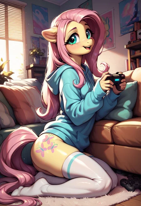 score_9, score_8_up, score_7_up, score_6_up, semi-realistic artwork, detailed background, high quality, vibrant colors, best quality rendering, intricate details, high resolution, sharp focus, best render quality, (background-living room, couch, videogame), side view,
1girl, solo, {Fluttershy (anthro pony) long hair, 18 yo, narrow shoulders, skinny, shiny skin,
oversized hoodie, white thigh-high socks,
dynamic pose, sitting couch, holding controller, playing videogames,
shy, happy,