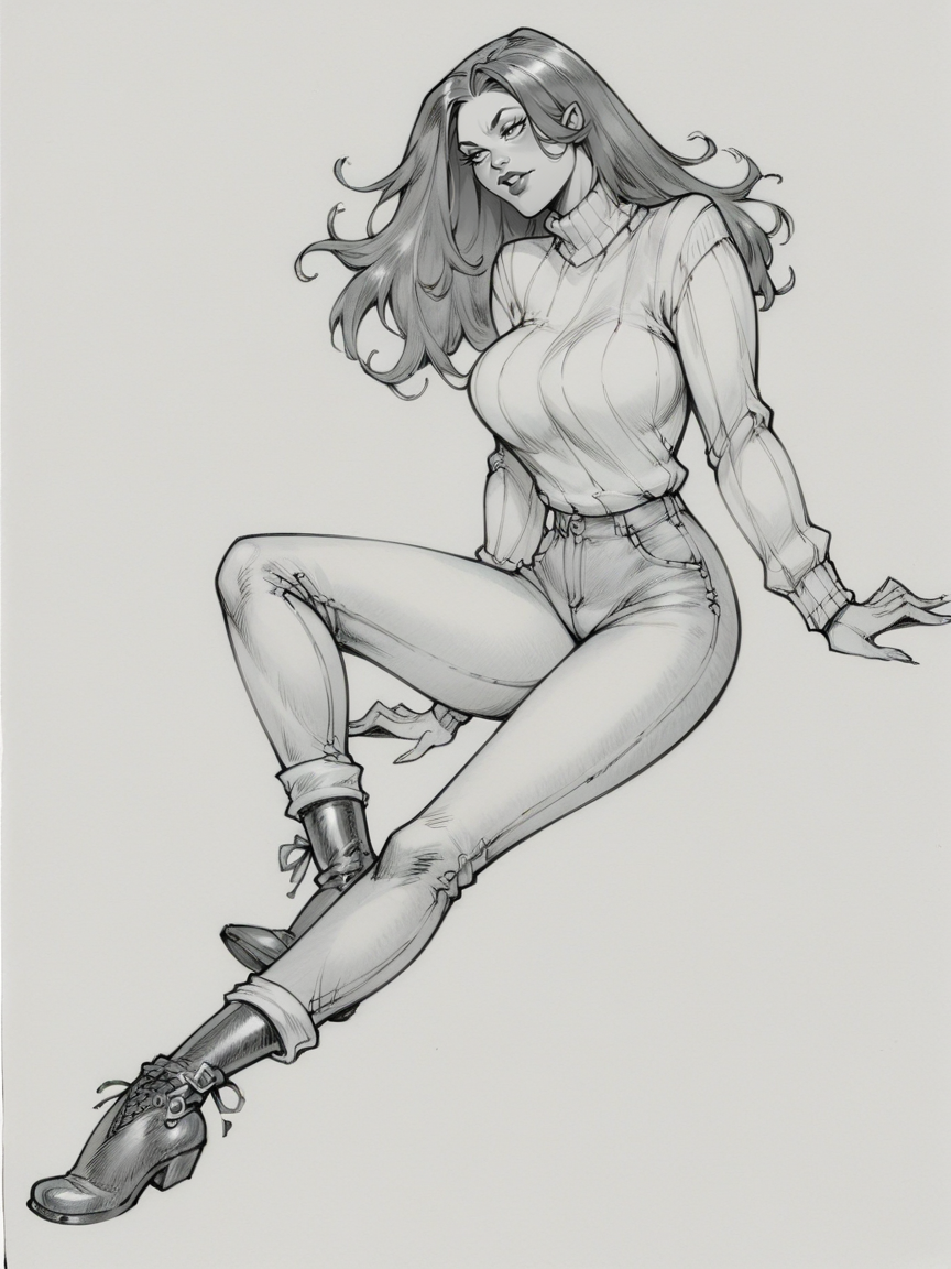 score_9, score_8_up, score_7_up, score_6_up, score_5_up,  <lora:juliuszXLP:0.8> juliusz, traditional media, monochrome, greyscale, large breasts, 1girl, long hair, full body, sweater, jeans, ankle boots,