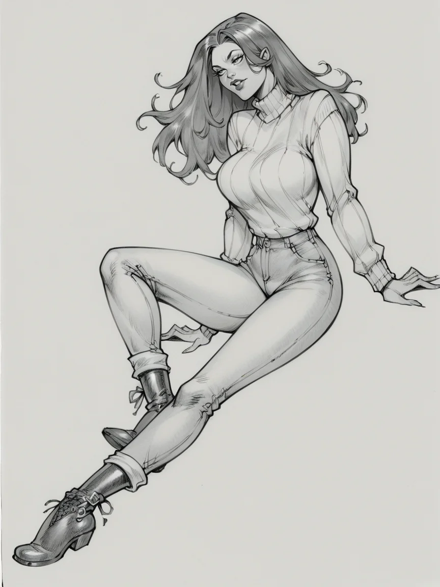 score_9, score_8_up, score_7_up, score_6_up, score_5_up, <lora:juliuszXLP:0.8> juliusz, traditional media, monochrome, greyscale, large breasts, 1girl, long hair, full body, sweater, jeans, ankle boots,