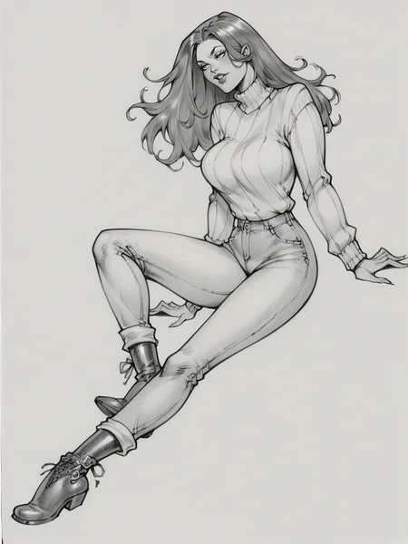 score_9, score_8_up, score_7_up, score_6_up, score_5_up, <lora:juliuszXLP:0.8> juliusz, traditional media, monochrome, greyscale, large breasts, 1girl, long hair, full body, sweater, jeans, ankle boots,