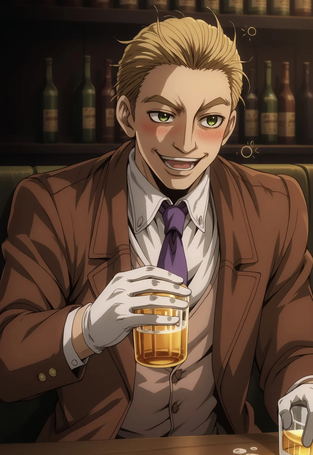 score_9, score_8_up, score_7_up, masterpiece, best quality, very aesthetic, ArthurHellsing, 1boy, solo, male focus, blonde hair, short hair, green eyes, brown jacket, white shirt, beige vest, purple necktie, white gloves, sitting, holding drinking glas, whiskey, laughing, bar (place), perspective, cowboy shot, Dr1nk, Blush, drunk bubbles, squeans, alcohol
