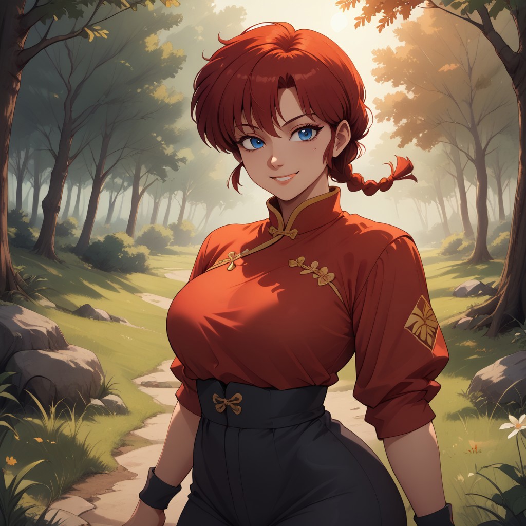 score_9, score_8, BREAK, ranma-chan,1990s style,retro artstyle,red hair,medium hair,single braid,braided ponytail,blue eyes,eyeliner,large breasts,narrow waist,short stature,chinese clothes,red shirt,black pants,black wristband, sexy pose, self portrait, smile, outdoors, sunlight, shadows, evening lighting, natural lighting, forest, trees, grass, orange sky, sunset