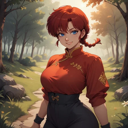 score_9, score_8, BREAK, ranma-chan,1990s style,retro artstyle,red hair,medium hair,single braid,braided ponytail,blue eyes,eyeliner,large breasts,narrow waist,short stature,chinese clothes,red shirt,black pants,black wristband, sexy pose, self portrait, smile, outdoors, sunlight, shadows, evening lighting, natural lighting, forest, trees, grass, orange sky, sunset