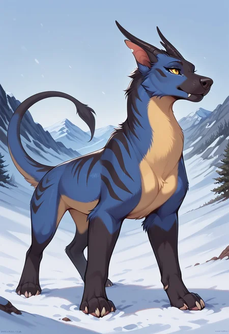 Solo, reallynxgirl_style, sof1a_drag0ness, solo, 1girl, dog nose, no humans, feral, dragon, smooth skin, animal focus, bent, yellow eyes, blue body, black stripes, yellow belly, digitigrade, (nose, mammal nose:1.1), two-tone body, black paws, white claws, masterpiece, good quality, best quality, original style, high details, snow background, detailed background
