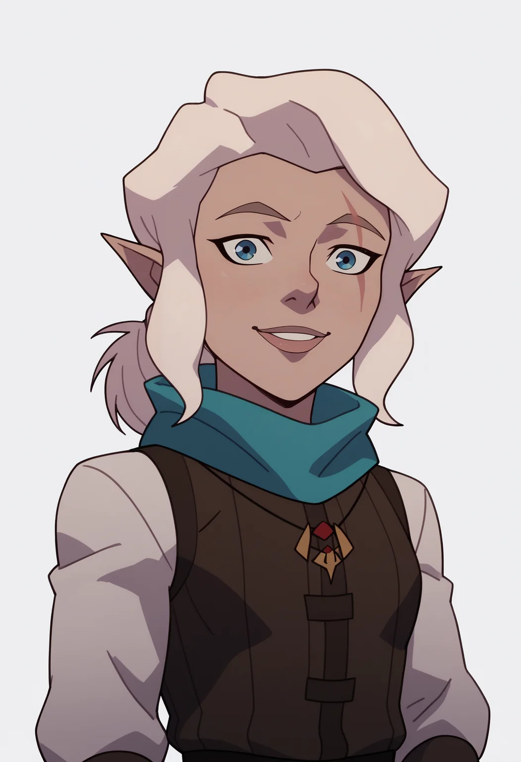 score_9, score_8_up, score_7_up, BREAK,
1girl, pike, white hair, ponytail, blue eyes, scar across eye,
pointy ears, gnome,
blue scarf, necklace,
long sleeves, vest, white pants, sleeveless tunic,
upper body, smile, solo, looking at viewer, simple background, white background <lora:PikeTrickfootPDXL_byKonan:1>