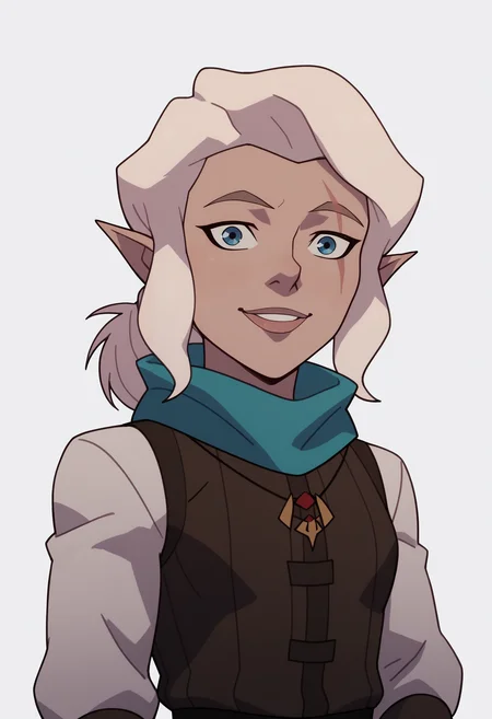 score_9, score_8_up, score_7_up, BREAK,
1girl, pike, white hair, ponytail, blue eyes, scar across eye,
pointy ears, gnome,
blue scarf, necklace,
long sleeves, vest, white pants, sleeveless tunic,
upper body, smile, solo, looking at viewer, simple background, white background <lora:PikeTrickfootPDXL_byKonan:1>