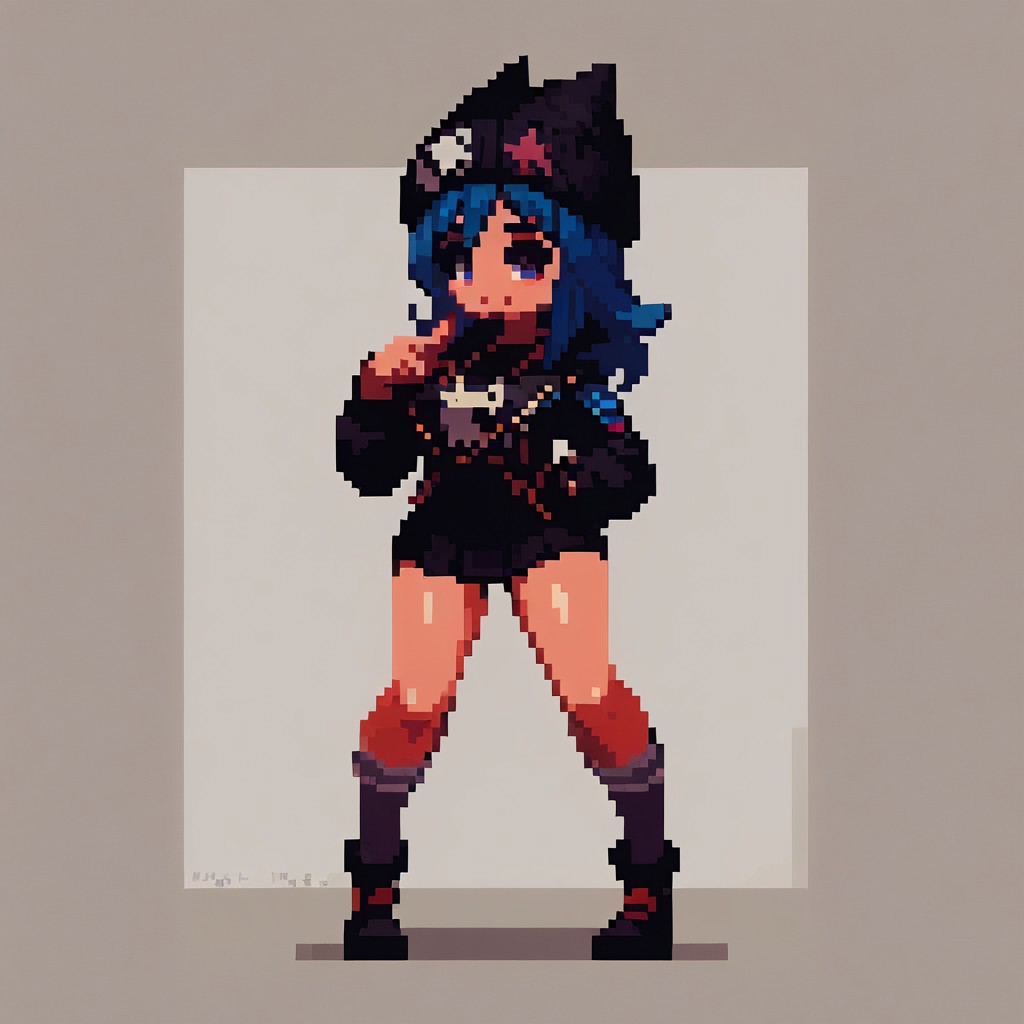 score_9, score_8_up, score_8, pixel art, full body blank background, photoshoot, sexy pose, , hope_fortnite, blue hair, beanie, sexy, cute face, kawaii girl, smiling, posing, posing at an angle, dynamic sexy pose, very cute, adorable, shiny skin, volumetric lighting, aesthetic design, dramatic angle, dramatic framing, cinematic framing, y0tt4