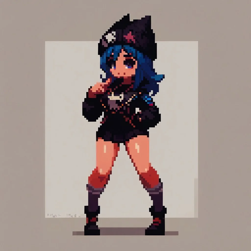 score_9, score_8_up, score_8, pixel art, full body blank background, photoshoot, sexy pose, , hope_fortnite, blue hair, beanie, sexy, cute face, kawaii girl, smiling, posing, posing at an angle, dynamic sexy pose, very cute, adorable, shiny skin, volumetric lighting, aesthetic design, dramatic angle, dramatic framing, cinematic framing, y0tt4