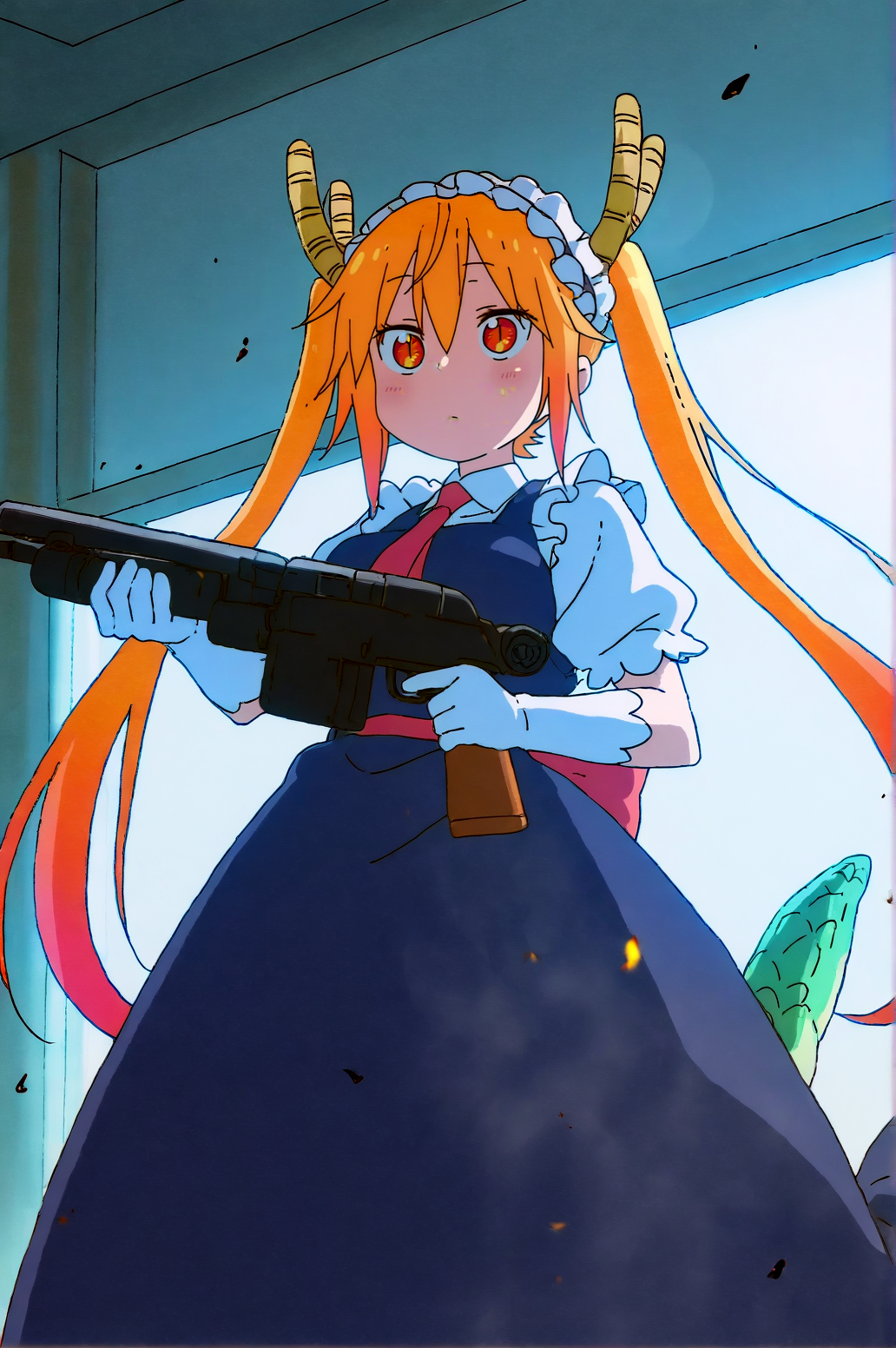 masterpiece, best quality, dark grey background, indoors, cinematic lighting, lens flare, flying debris, dust, smoke, amazing quality, very aesthetic, absurdres, best quality, newest, year 2023,  Tohru, Main Outfit, solo, expressionless, aiming tactical shotgun, thigh gun holster,    <lora:JN_Tohru_Illus:0.8>