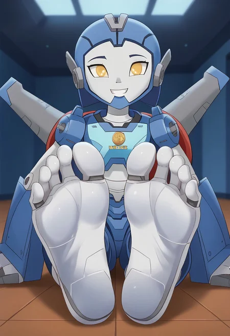 score_9, score_8_up, score_7_up, score_6_up, score_5_up, score_4_up, source_anime, BREAK, (masterpiece:1.4), (best quality:1.2), expressive eyes, perfect face, perfect anatomy, accurate anatomy, perfect feet, perfect soles, 1 girls, feet, soles, toes, foot focus, front view, smile, cute expression, clean feet, sitting, hands on ground, showing feet, barefoot, PONYXL_WaifuFeetPics_ownwaifu, feet, 1girl, Whirl , Autobot, yellow eyes, glowing eyes, alien girl, robot, robot girl, humanoid robot, mecha, human feet, humanoid feet