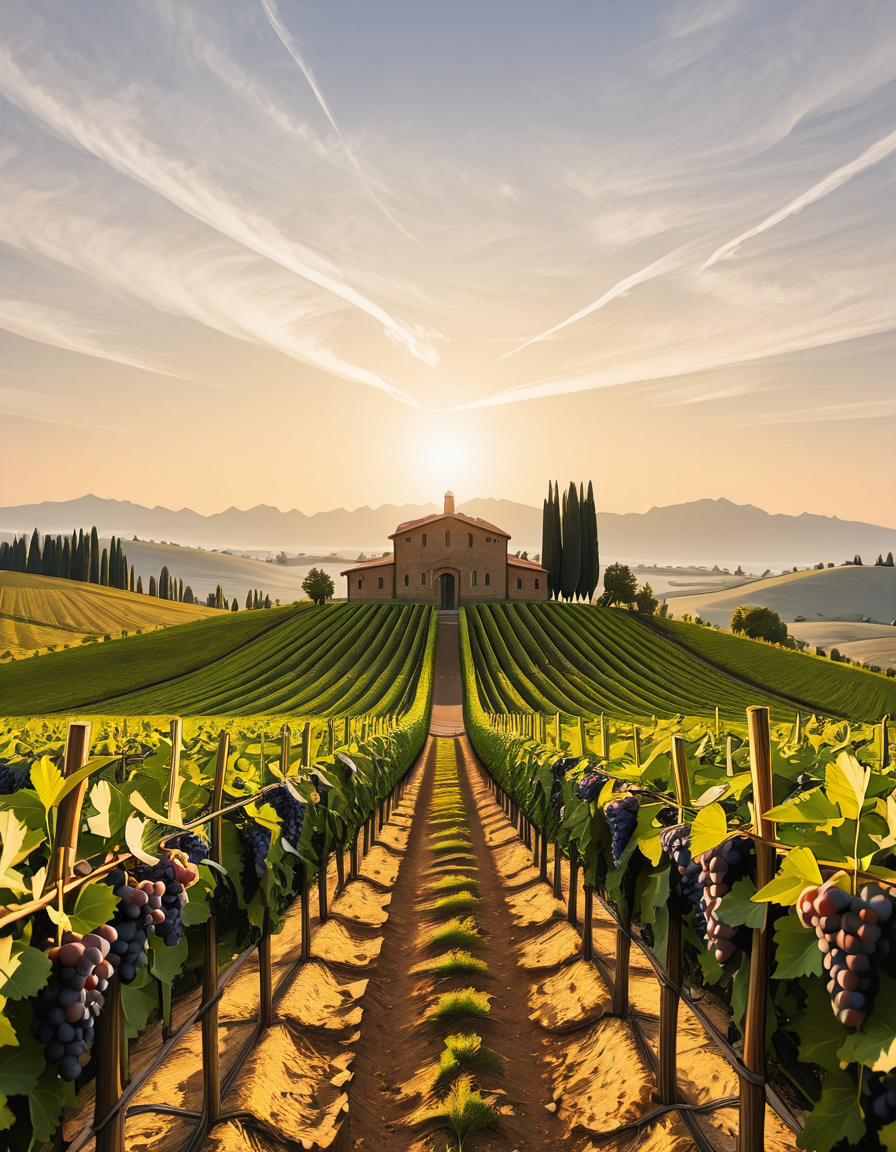 A breathtaking vineyard stretching across rolling hills, bathed in the warm golden light of late afternoon. The neatly aligned rows of grapevines are lush and vibrant, their deep green leaves contrasting with the rich, fertile soil beneath them. The vines are heavy with ripe, plump grapes in shades of deep purple and rich green, glistening under the sunlight. In the background, a rustic stone farmhouse with a terracotta roof sits atop a small hill, surrounded by tall cypress trees. A narrow dirt path winds through the vineyard, leading towards the farmhouse. The sky is a soft blue with wispy clouds scattered across the horizon. In the distance, a range of low mountains adds depth to the landscape. The atmosphere is peaceful and idyllic, evoking the charm of a traditional wine-growing region like Tuscany or Bordeaux. 
<lora:SDXLFaeTastic2400:0.4> <lora:extremely_detailed:0.4> extremely detailed
,v1n3y4rd <lora:v1n3y4rd-i:1>, Masterpiece,best quality,hi res,8k,hi res,8k,award winning,(sharp focus, intricate, highly detailed),