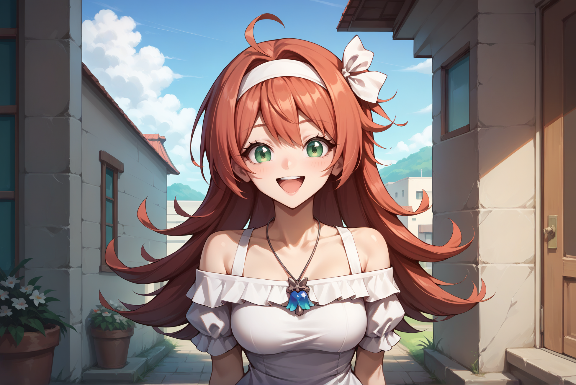 score_9,score_8_up,score_7_up,score_6_up, source anime, 1girl, (slender:1.2), solo, gi clervie, <lora:ClervieXL_V1:0.8>, (happy), (green eyes, long hair, ahoge, red hair:1.2), (white dress, necklace, medium breasts, anime coloring, hairband, hair ribbon, short sleeves, off shoulder:1.4), (facing viewer, upper body, face focus:1.2), outdoors, day, sky, (adult, mature, tall female, front view:1.4)