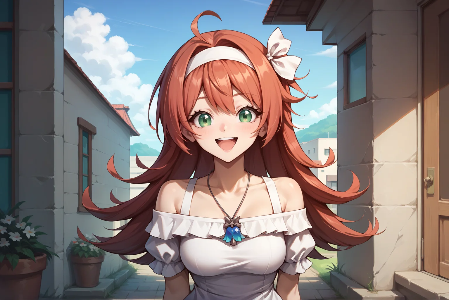 score_9,score_8_up,score_7_up,score_6_up, source anime, 1girl, (slender:1.2), solo, gi clervie, <lora:ClervieXL_V1:0.8>, (happy), (green eyes, long hair, ahoge, red hair:1.2), (white dress, necklace, medium breasts, anime coloring, hairband, hair ribbon, short sleeves, off shoulder:1.4), (facing viewer, upper body, face focus:1.2), outdoors, day, sky, (adult, mature, tall female, front view:1.4)