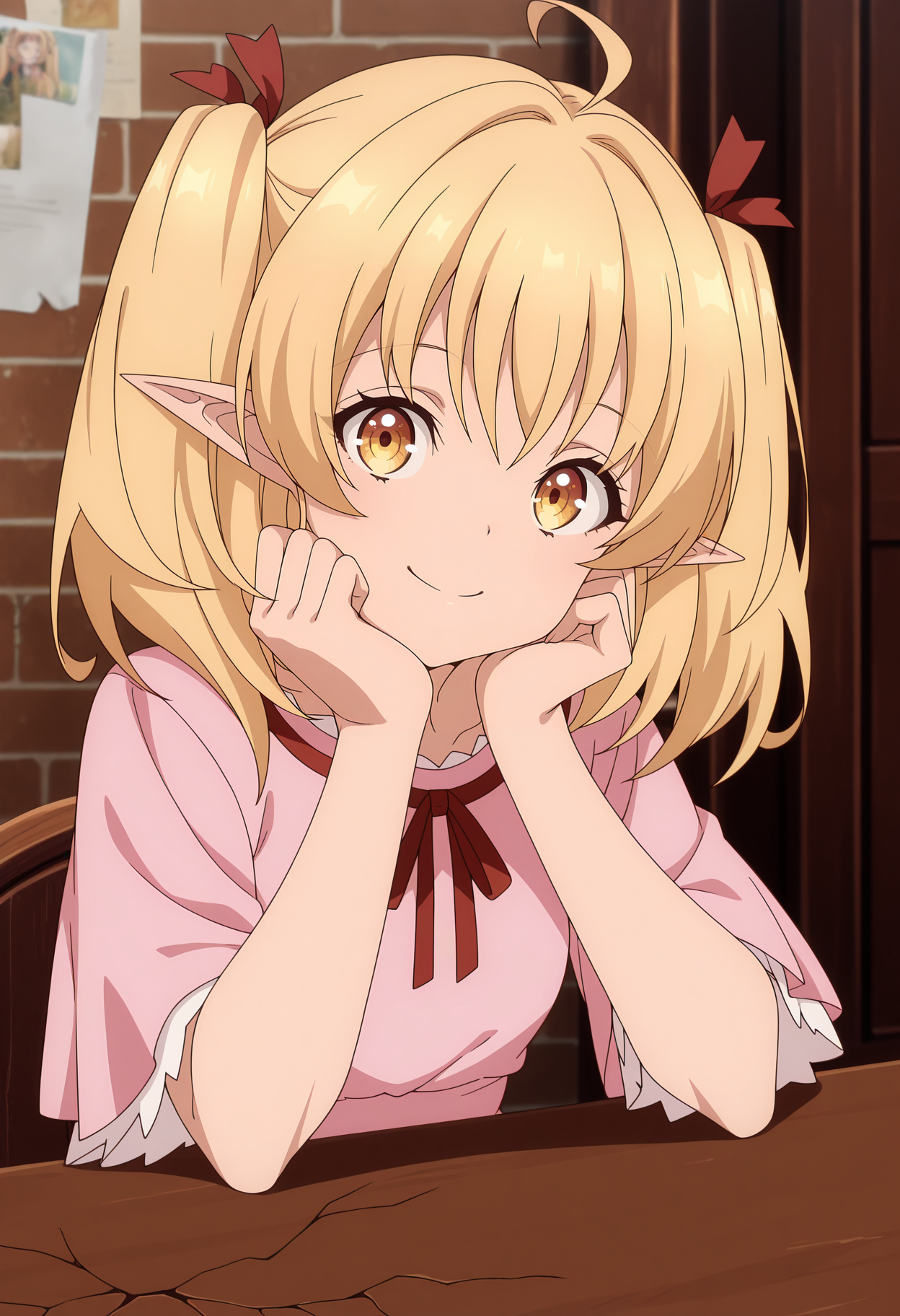 anime screencap, masterpiece, best quality,
<lora:YamiHealer_Lily_IlluXL:0.9>,
1girl, solo, closed mouth, smile,
two side up, ahoge, medium hair, blonde hair, yellow eyes, pointy ears, hair ribbon,
pink dress, dress ribon, red ribbon, short sleeves,
sitting, looking at viewer, upper body, head rest, head tilt,
indoors, table, brown background, crack, brick wall, photo background, blurry background