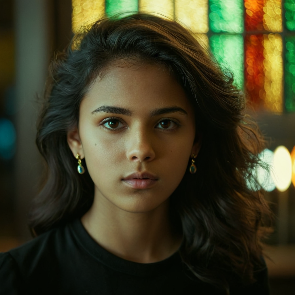 cinematic film still of  <lora:detailed_notrigger:0.1>
<lora:facial expression style v2:0.1>
<lora:perfection style:0.1> perfection style
<lora:TeethXL:0.1>
<lora:detailed:0.1> detailed
 <lora:skin texture style:0.1>
 <lora:anamorphic bokeh style:1>
Anamorphic bokeh style of a woman with a black shirt and a colorful background, detailed style, sharp style, perfection style, cinematic style, film style, kodak style, fujifilm style, 35mm film style, oval bokeh style, anamorphic blur background style, special effect bokeh style, anamorphic lens distortion style, anamorphic film style, anamorphic bokeh style, 1girl, solo, long hair, black hair, 1boy, closed mouth, male focus, portrait, realistic, dark, light bulb, brown hair, brown eyes, jewelry, earrings, dark skin, dark-skinned female, lips, very dark skin, stained glass, black eyes, shallow depth of field, vignette, highly detailed, high budget, bokeh, cinemascope, moody, epic, gorgeous, film grain, grainy