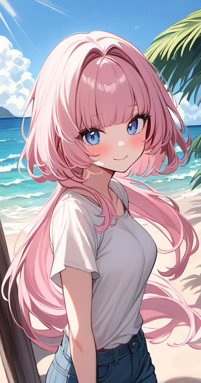 <lora:kuragecut_v1:1> ,kuragecut,1girl,solo,long_hair,very long hair,outdoors,sunny,day,beach,standing,cowboy shot, blush,smile,bangs,breasts,medium_breasts,pink_hair,,blue eyes,shirt,pants, looking at viewer,bob cut,hair intakes,from behind