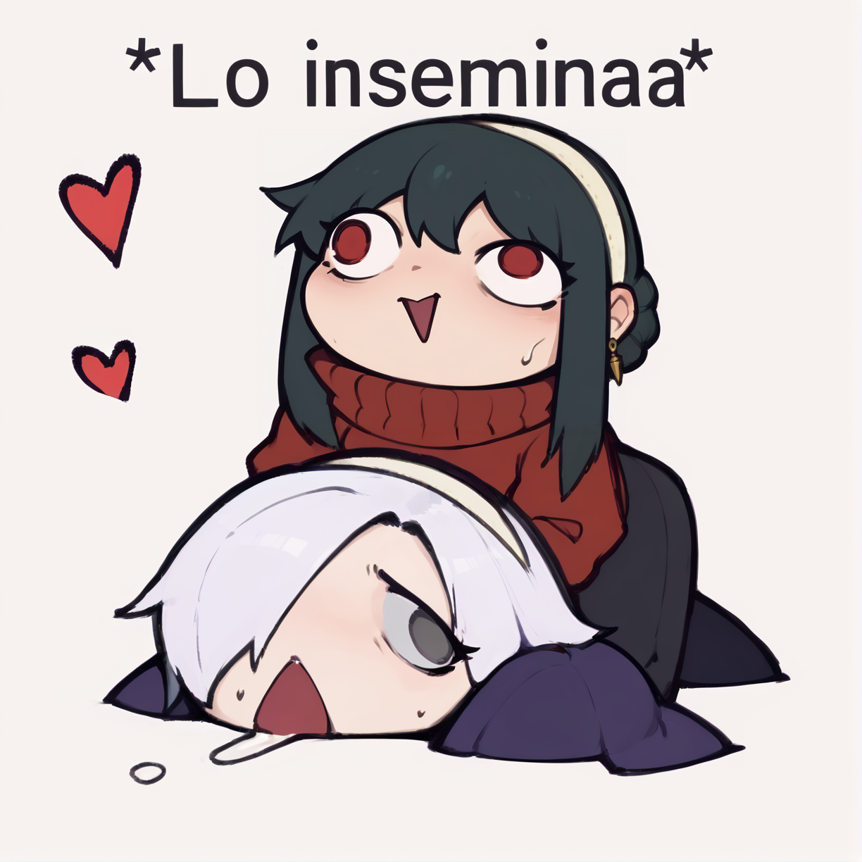 score_9, score_8_up, score_7_up, rating_explicit, zPDXL2, zPDXLxxx, zPDXL3, source_anime, <lora:La_Insemina:0.6>, 2girls, simple cartoon style, blush, sweat drops, lewd pose, exaggerated eyes, sexual interaction, doggystyle position, heart, top person, bottom person, simplified anatomy, exaggerated expressions, lewd mood, chibi, english text, 
BREAK yor briar, yor briar, black hair, red eyes, earrings, white hairband, hairband, long hair, sidelocks, sweater, red weater, 
BREAK  fiona frost, fiona frost, white hair, short hair, hair over one eye, grey eyes,