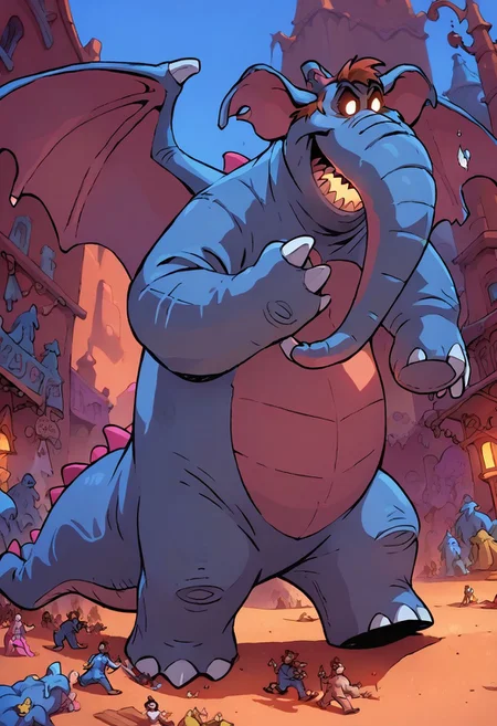 (score_9 | score_8_up | score_7_up) ((masterpiece:1))(best quality,very high quality,ultra detailed:1.2) (2D,cartoon style,anime style)(Smooth:2)(clean blurring) (four fingers on each hand,one thumb on each hand:1),
Abu elephant, elephant, solo, brown hair, black eyes, trunk, trunk nose, elephant trunk, elephant ears, wearing a blue dragon costume, Dragon costume, giant, monster, final form, sharp teeth, claws, spikes, horn, wings, tail, glowing, glowing eyes, full body