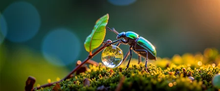 ultra-high-resolution, 8k, 4k, bokeh-macro, ultra-high-resolution nature photography, macro close-up with cinematic softness and shallow depth of field, a jewel-toned beetle with six legs and two antennae, clinging delicately to a moss-covered stem after rainfall, a single large spherical droplet of water hanging from a fallen leaf like a crystal orb, the droplet refracting a miniature inverted reflection of the mossy forest floor, soft velvet moss surrounds the stem, textured and luminous, background fades into a gentle bokeh of pastel forest greens, soft sky blues, and subtle amber light, blurred tree shapes suggesting a deep woodland environment, the beetle is in razor-sharp focus, highlighting the intricate iridescence of its shell with shimmering hues of emerald, sapphire, and violet, the water droplet acts as a natural lens and focal feature, shot at an angle slightly above the beetle, as if observing from a hovering insectâs perspective, evoking intimacy and fragility, lighting is morning haze filtered through dew-heavy branches, casting warm, diffused light across the scene, sunbeams scatter faint halos and glints across the water droplet and beetleâs shell, photographed with a professional macro lens in golden hour lighting, extremely short depth of field with strong foreground detail and cinematic atmospheric blur, ovg, photograph, <lora:bokeh_and_macro-flux-by_marielle:0.8>