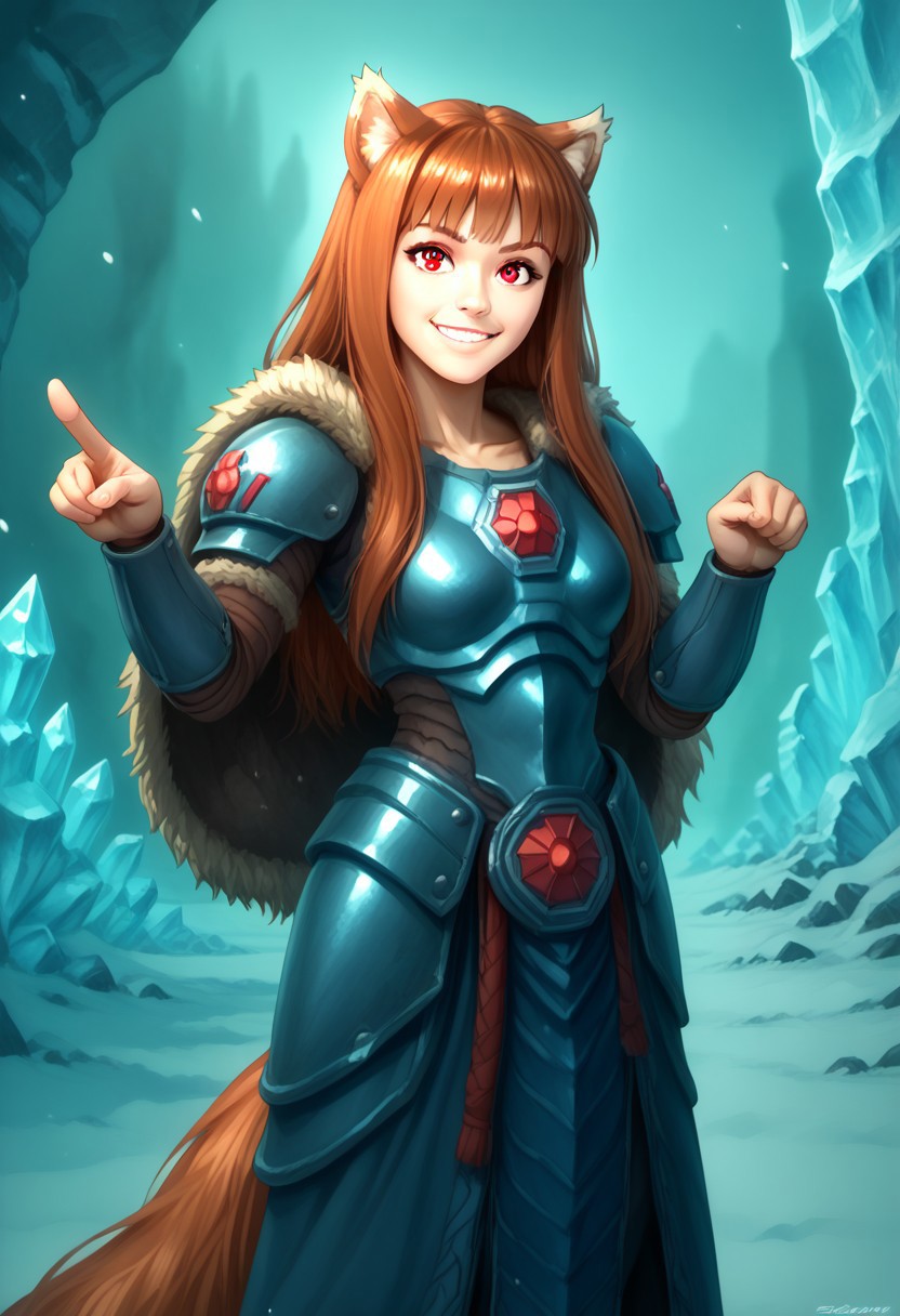 score_9, score_8_up, score_7_up, masterpiece, perfecteyes, holo, brown hair,long hair,red eyes, wolf girl,wolf ear,wolf tail, solo, , looking at the viewer, detailed background, wearing power armor, spcwlf, , proud smile, she feel pumped up and heroic, ice, snow, icy cavern, outdoors, fur cloak, holo in spcwlf armor, pointing at the viewer with one hand while her other hand in akimbo pose, she says "Afraid not citizen, holo protects", heroic pose, full body