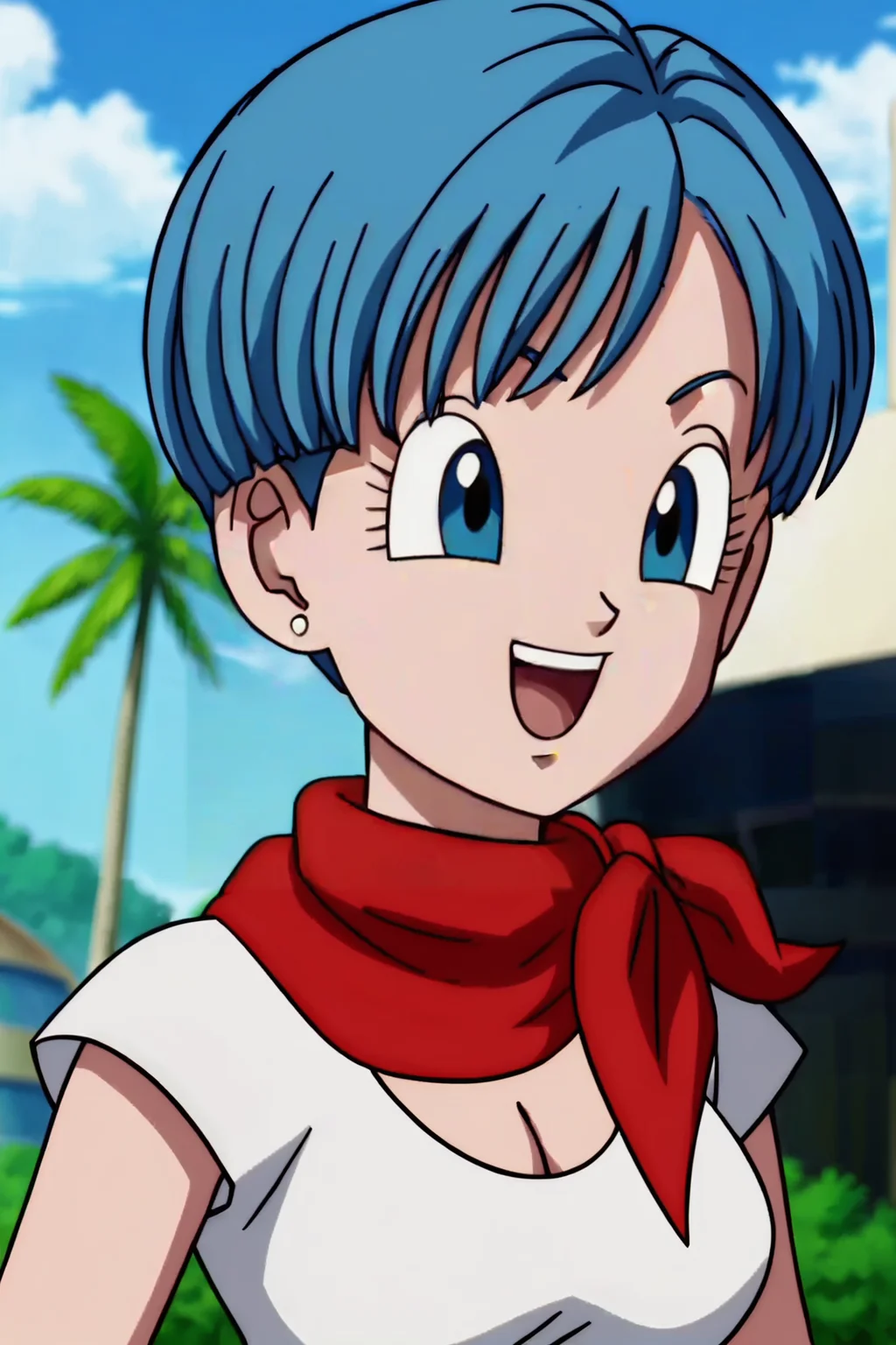 source_anime, score_9, score_8_up, score_7_up, anime screencap,8k, absurd res,
bulma, 1girl, solo, breasts, smile, short hair, ((bowl cut)), open mouth, blue eyes, cleavage, jewelry, medium breasts, blue hair, white shirt, upper body, :d, earrings, outdoors, sky, day, cloud, blurry, tree, blue sky, red neckerchief, palm tree, official style, anime coloring, portrait,
<lora:bulmaDBS_pony_v3:0.8>