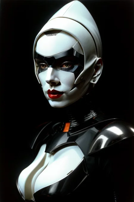 (very beautiful) cyborg woman, 30 years old, (beautiful:1.75), (very pale skin:1.35), (gothic makeup:0.99), (Red Lipstick:1), (anime:0.35), (oval face:0.25), (top model), (((body parts are made of metal))), metal mask, (Halloween), (night), (noir) (front view:1.25), (elegant), 10 minutes before the world will end, (back light),  hyper-realistic, (ultra-detailed:1), (insanely detailed:1), 4k, (realistic), 8k, shot on portra 400, (((masterpiece))), (perfect composition:1.55), (best quality), (HD), (style of Leonardo Da Vinci:0.10), style of Caravaggio, (Perfect hand), Hand, (detailed hand)