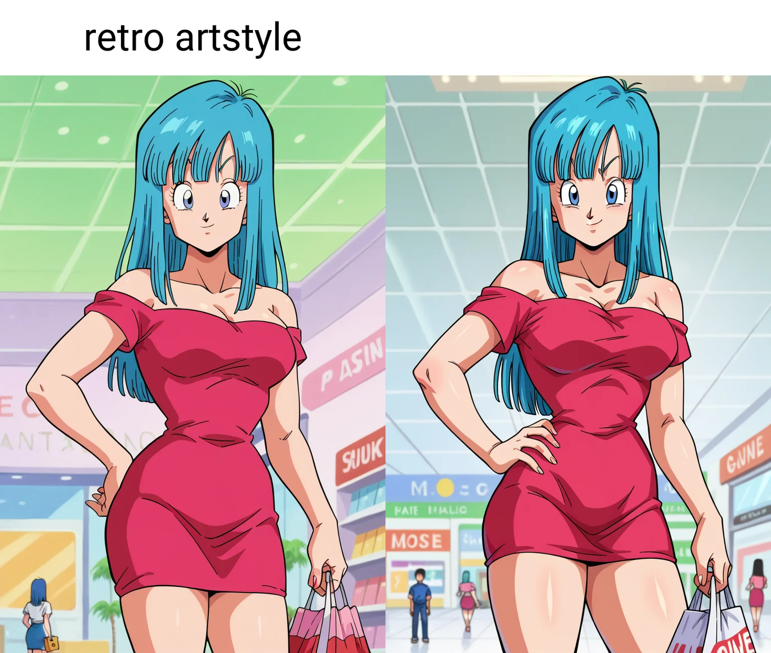 score_9, score_8_up, score_7_up, score_6_up, score_5_up,score_4_up BREAK retro artstyle,  maron, 1girl,solo, cowboy shot, aqua hair, blue eyes, bangs, long hair,pink short dress, off shoulder, short sleeves,hand on own hip, mall, shopping center,indoors,contrapposto,looking at viewer,holding shopping bag,smug,ceiling light <lora:MaronPony:1>