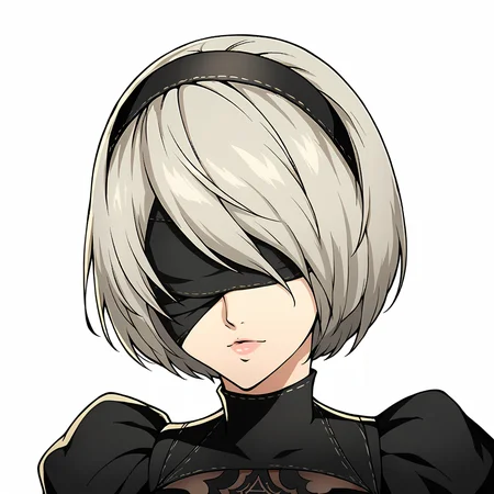 Score_9, score_8_up, score_7_up, source_anime, blindfold, cowboy shot,masterpiece, best quality, upper body, portrait,beautiful, (white background), BREAK, yorha no. 2 type b, BREAK, <lora:Persona_5_Portrait_Style_Pony_upscaled:1>,