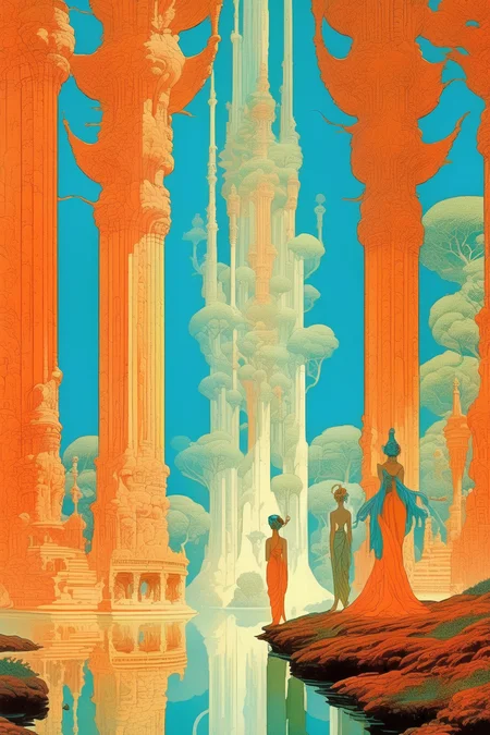 <lora:Luc Schuiten Style:1>Luc Schuiten Style - serene realm of the wind apsaras, in the style of Winsor McCay Michael Whelan epic composition, surreal mystical symbolist modernist illustration color xerography