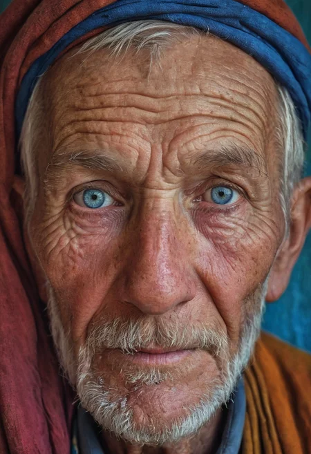 A colorful portrait of an elderly man with a weathered face, inspired by Steve McCurryâs photography. Warm tones, detailed wrinkles, piercing blue eyes, traditional clothing, soft background blur, natural light, textured skin, gentle smile, rich cultural elements, vivid colors, deep shadows, strong presence, expressive face, vibrant details, storytelling.