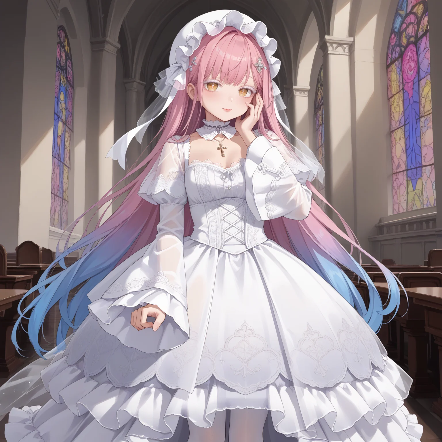 1girl,solo,
(score_9,score_8_up,score_7_up, source_anime,rating_all),
BREAK
from back, hand on own face,
blush, light smile,
<lora:hyxkaoru-final-psplive-pony6-flyingdeer-e26p-r2:0.65>,
very long hair,bangs,
(pink hair, (blue hair:0.55), gradient hair, multicolored hair),
hair ornament,
yellow eyes,cross-shaped pupils,
((white eyelashes:1.05), (white eyelash:1.05)),
(necklace, jewelry, (purple gem:0.15)),
((gothic fashion:0.1), (gothic gothic:0.1)),
HYXKaoruWhite,
(white headwear, see-through headwear),
(see-through dress, frills, lace trim),
(detached collar, white choker, lace choker),
(long dress, white dress, long sleeves, wide sleeves),
white ribbon,
(pantyhose, white pantyhose, (white stockings:0.55)),
BREAK
(church:0.55), (wedding:0.55),