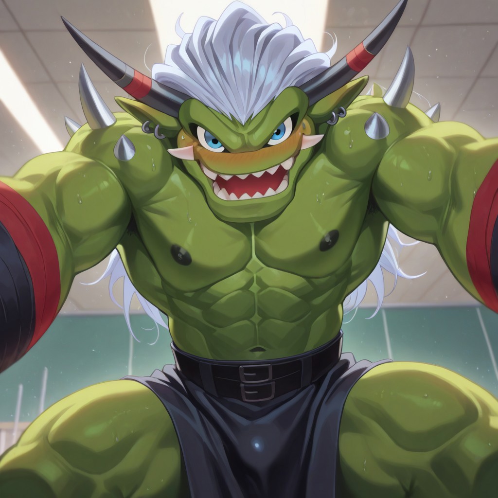 High quality, good shots, ogre10101110, Ogremon, digimon, 1boy, solo, green skin, blue eyes, long white hair, teeth, (open mouth:1,6), no nose, bandages, loincloth, black loincloth, horns, black horns, gym background, ceiling background, flushed, looking from viewer, grabbing viewer's shoulder, (shy:1.6), flushed, viewer being pushed down, obscuring viewer's view, evil smile,