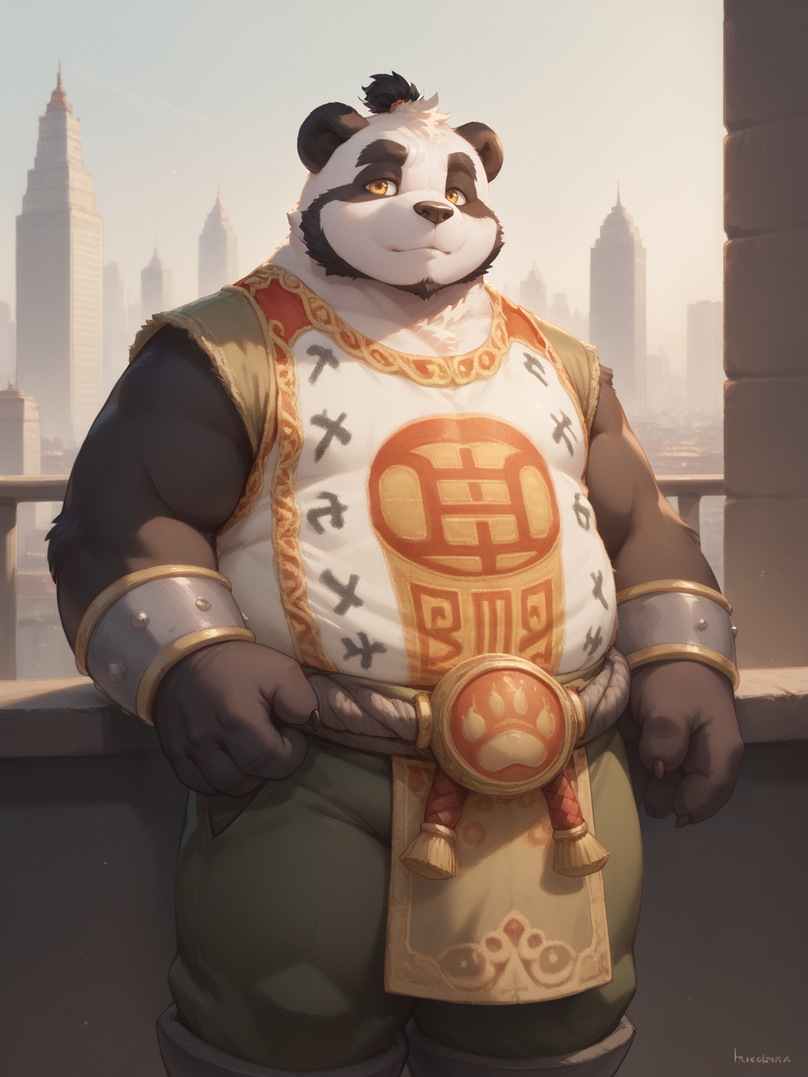 score_9_up,score_8_up,score_7_up,<lora:ZhouZhuoNEW-000014:0.8>,zhouzhuo,furry,1boy,solo,panda,bear boy,bara,tall,fat,plump,facial hair,thick eyebrows,golden eyes,youxue uniform,belt,bracer,pants,panorama,looking_at_viewer,cityscape,by littleblackalas,<lora:littleblackalasxl_:0.6>,