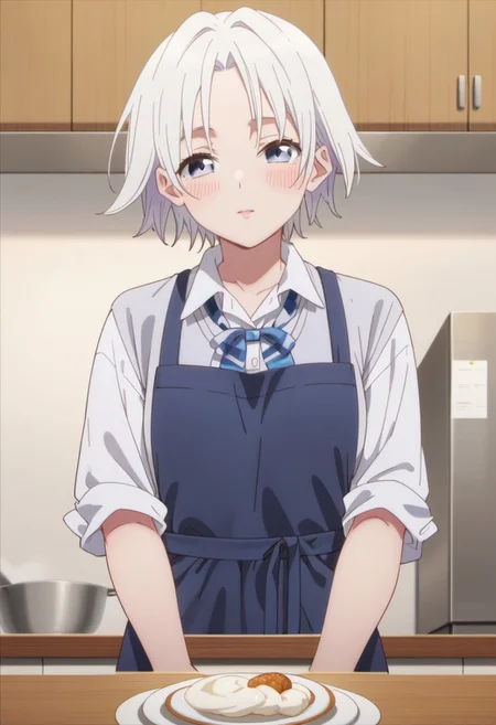 score_9, score_8_up, score_7_up, source_anime, tsuruyama shirahi, short hair, white hair, blue eyes, 1girl, solo, apron, shirt, blush, blue apron, white shirt, looking at viewer, upper body, indoors, collared shirt, bow