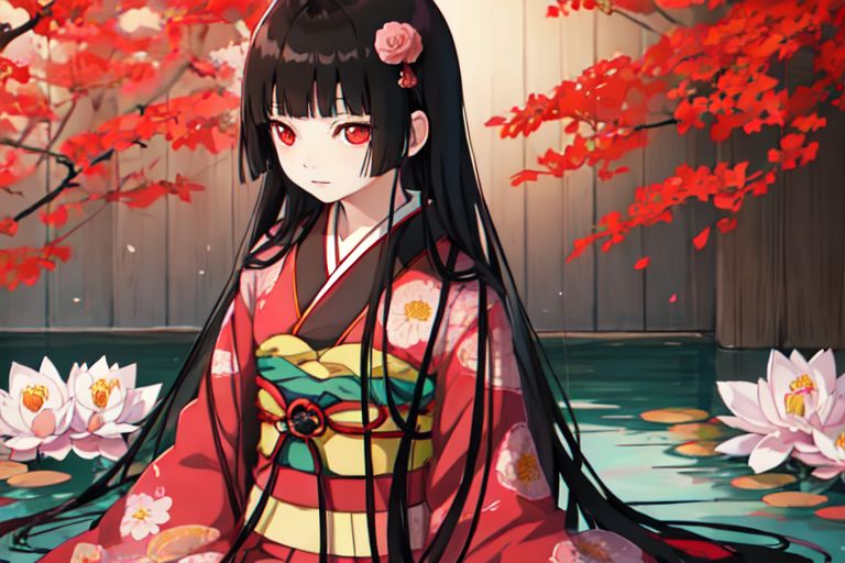 enma_ai 1girl, solo, hair down, hair black, bangs hair, eyes red, kimono, underlayer kimono, ornamental hairpun, obi sas, night, village, (masterpiece), 1girl, living in a floating house, pond, flowers on pond, beautiful scenery <lora:iori1:1>