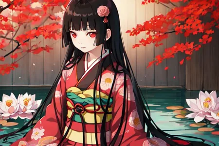 enma_ai 1girl, solo, hair down, hair black, bangs hair, eyes red, kimono, underlayer kimono, ornamental hairpun, obi sas, night, village, (masterpiece), 1girl, living in a floating house, pond, flowers on pond, beautiful scenery <lora:iori1:1>