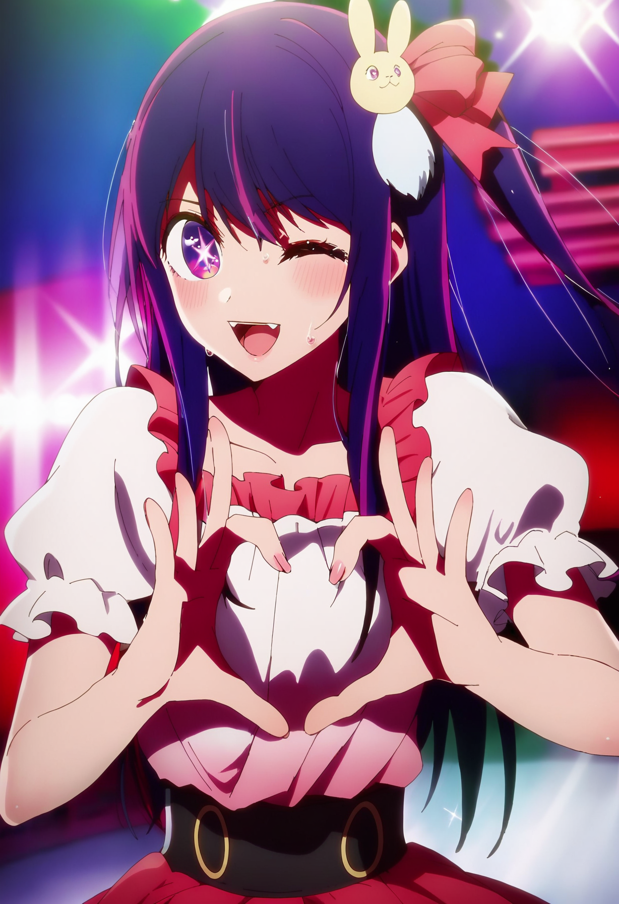 1girl, hoshinoai, solo, <lora:hoshinoai_ponyxl:1>, purple hair, purple eyes, long hair, (star-shaped pupils), one side up, BREAK
idol, puffy sleeves, puffy short sleeves, bunny hair ornament, hair ornament, star hair ornament, gradient dress, white dress, pink dress, BREAK
facing viewer, heart hands, heart, sparkle, upper body, close-up, fangs, sweat, one eye closed, open mouth, BREAK
stage, glowstick, stage lights, blurry background, depth of field, backlighting, BREAK
score_9, score_8_up, score_7_up, score_6_up, anime,
(high quality, detailed, beautiful), shiny, detailed beautiful eyes, outstanding, countershading, detailed soft lighting
