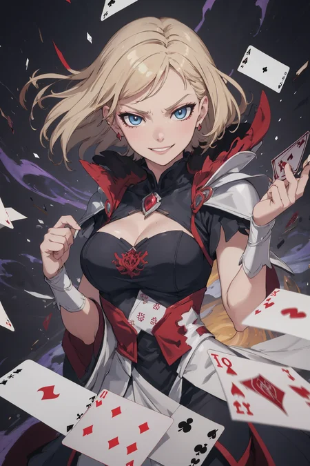 masterpiece, best quality, <lora:detail_slider_v4:1.0>,
1 girl, adult (elven:0.7) woman,  light blue eyes, dark blonde razor cut hair, 
(style-swirlmagic:0.8),  solo, (full body:0.6), detailed background, detailed face, (renaissance theme:1.1), evil smirk,  (card-wizard:1.05), swindler, black magician outfit, dynamic pose, (cards floating in the air:1.15), glowing magical symbols, bright cloudy sky in background, wind blowing, ethereal atmosphere,