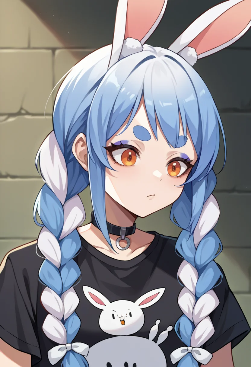 score_9, score_8_up, source_anime, 1girl, solo, UsadaPekora, orange eyes, thick eyebrows, rabbit ears, two-tone hair, blue hair, white hair, long hair, twin braids, black shirt, t-shirt, black choker, goth, eyeliner, eyeshadow, <lora:ChamUsadaPekoraPonyXL:1>