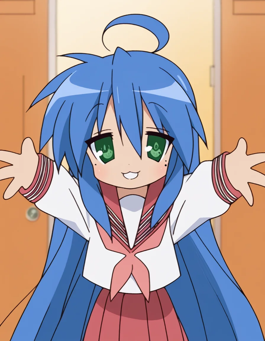 score_9, score_8_up, score_7_up, source_anime, <lora:konata-izumi-s1-ponyxl-lora-nochekaiser:1>, konata izumi, long hair, very long hair, green eyes, blue hair, ahoge, mole, mole under eye,, skirt, long sleeves, school uniform, pleated skirt, serafuku, sailor collar, neckerchief, red skirt, ryouou school uniform,, school hallway, lockers, between classes, everyday life, smile, <lora:incoming-hug-ponyxl-lora-nochekaiser:1>, incoming hug, looking at viewer, reaching, reacing towards viewer, outstretched arms,, bedroom, smile, blush, parted lips, looking at viewer, solo,, dutch angle, cowboy shot