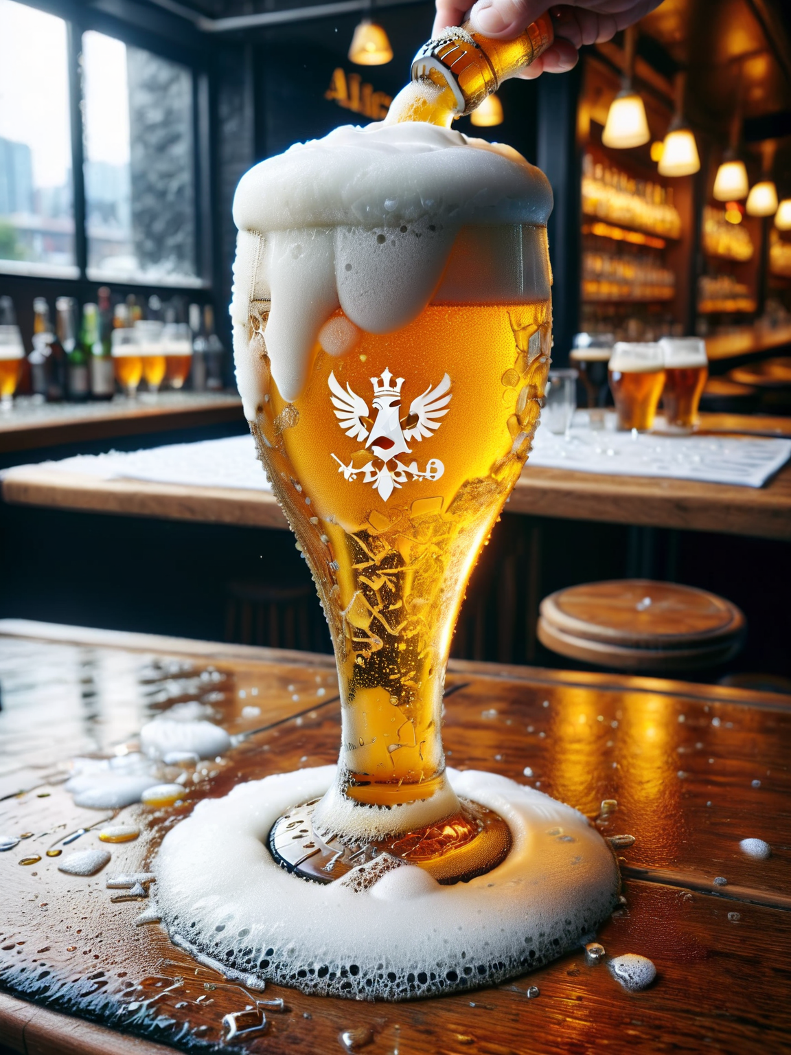 A beer glass made completely from ais-bkglass, filled with ral-beer, overflowing onto the ais-bkglass table in an expensive bar <lora:Broken_Glass_Style_SDXL:1> <lora:ral-beer-sdxl:0.75>