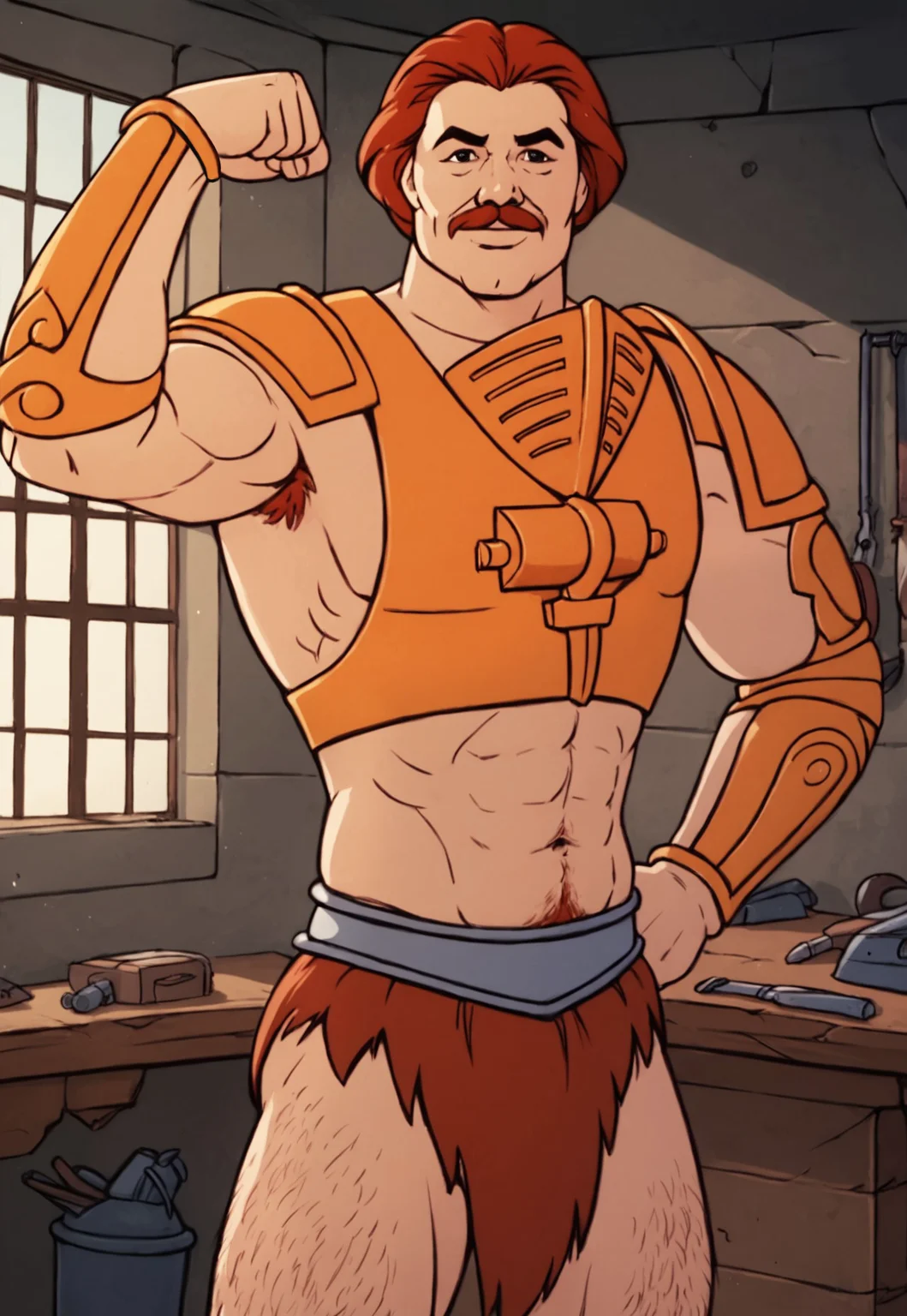 score_9, score_8_up, ManatArmsHM, brown hair, black eyes, mustache, muscular, short hair slicked back, orange armor, looking at viewer, smile, dynamic pose, detailed background, dutch angle, sci-fi, workshop, tools, window, portrait, brown fur loincloth, metal belt, hairy legs, hairy arms, navel hair, flexing, sexy posing, Expressiveh, ((revealing armor, skimpy armor)),