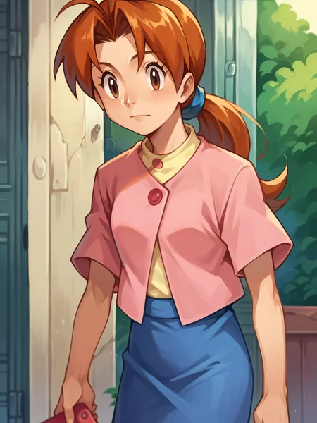 score_9, score_8_up, score_7_up, score_6_up, score_5_up, <lora:DeliaKetchumXLP:1> delia ketchum, 1girl, orange hair, brown eyes, solo, ponytail, skirt, shirt