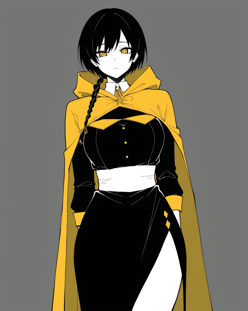 1girl, solo, suou \(lower\), black hair, braid, yellow eyes, black dress, witched costume, yellow cloak, yellow ribbon, monochrome, looking at viewer, cowboy shot, simple background, white background, masterpiece, best quality, very aesthetic, absurdres